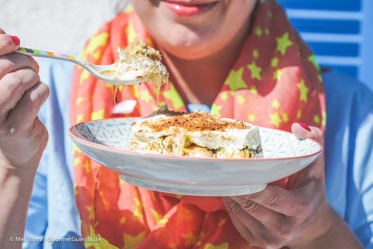 Greta's Delightful Rhubarb Tiramisu with Eggnog | GourmetGuerilla.com