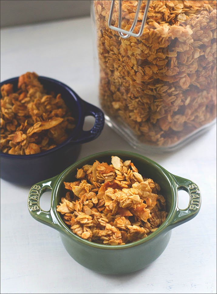 Homemade Crunchy muesli, served in two small bowls 