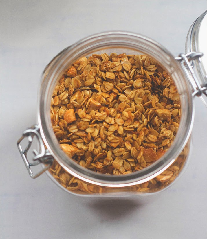 Homemade crunchy muesli with cashews and coconut in an iron